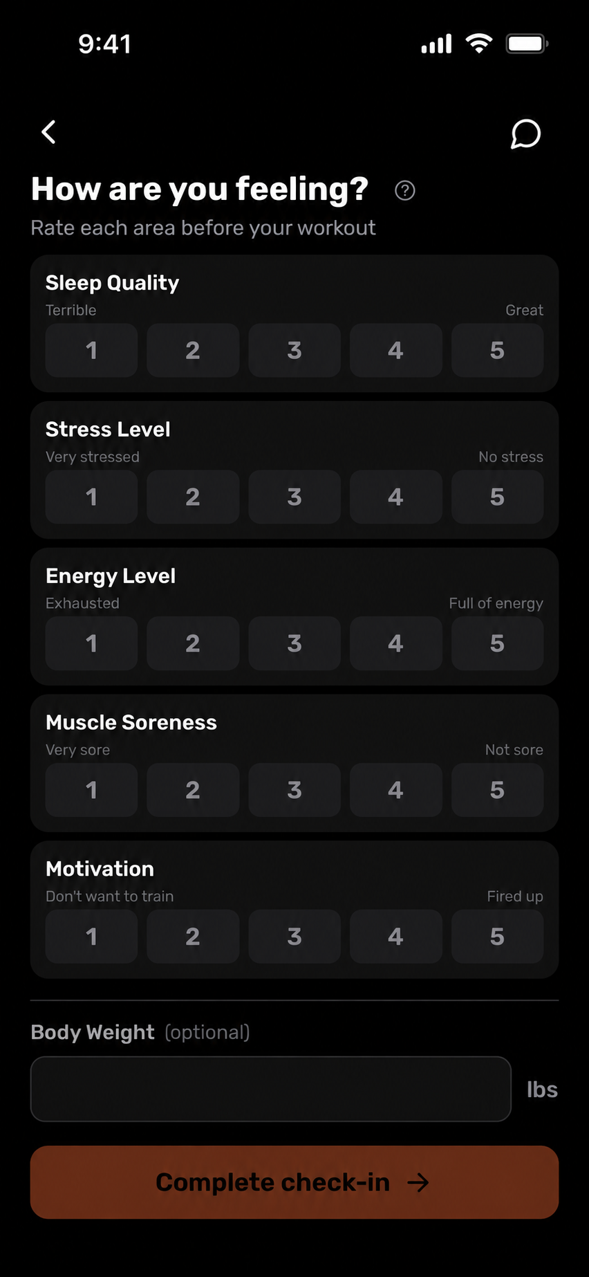 Capacity readiness check-in asks about sleep quality, stress, energy, muscle soreness, and motivation on a scale of 1 to 5.