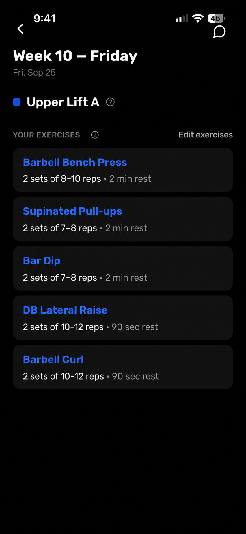 General Strength and Physique example with barbell bench press, pull-ups, dips, dumbbell lateral raises, and barbell curls.