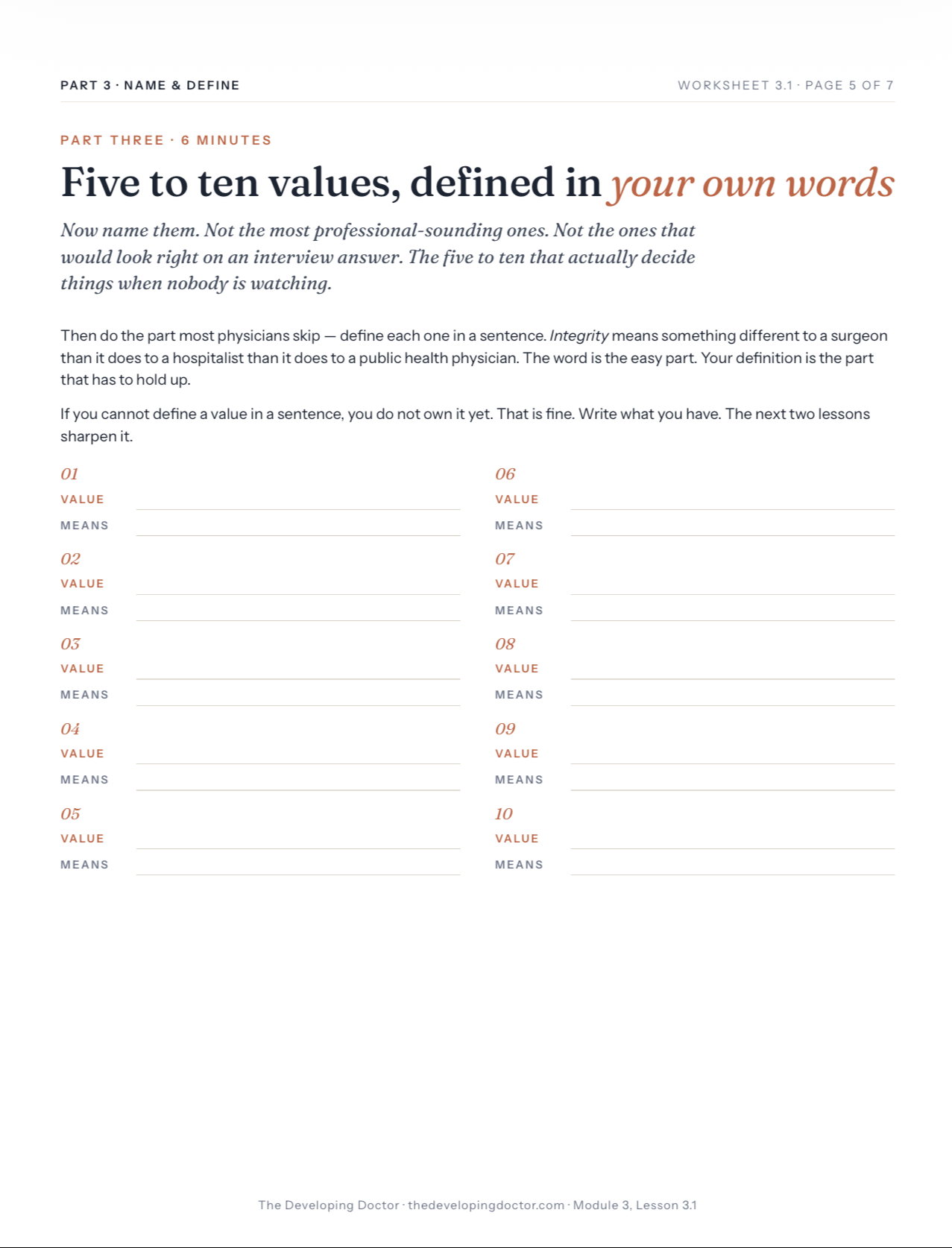 Identifying Your Core Values — worksheet 3.1 preview