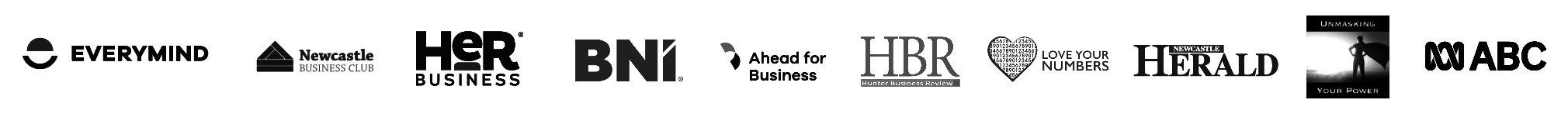 HerBusiness Logo, Everymind Logo, BNI Logo, Herald Logo, ABC Radio 