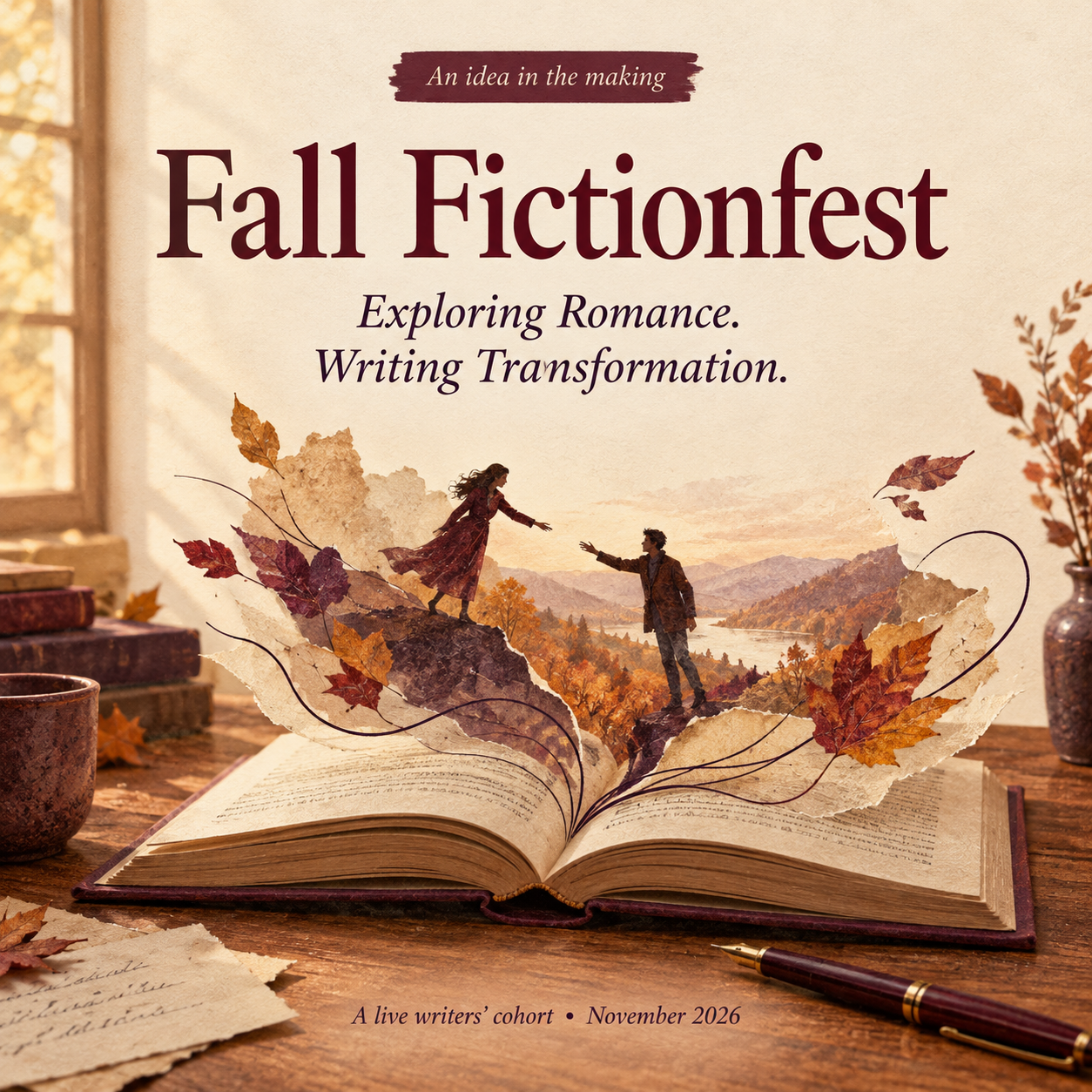 Fall Fictionfest artwork: two figures reaching towards each other across an autumn landscape rising from an open book