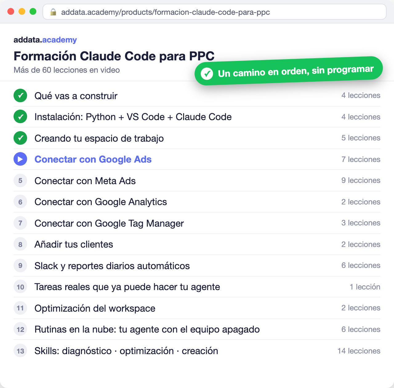 Temario del curso en el área de alumnos