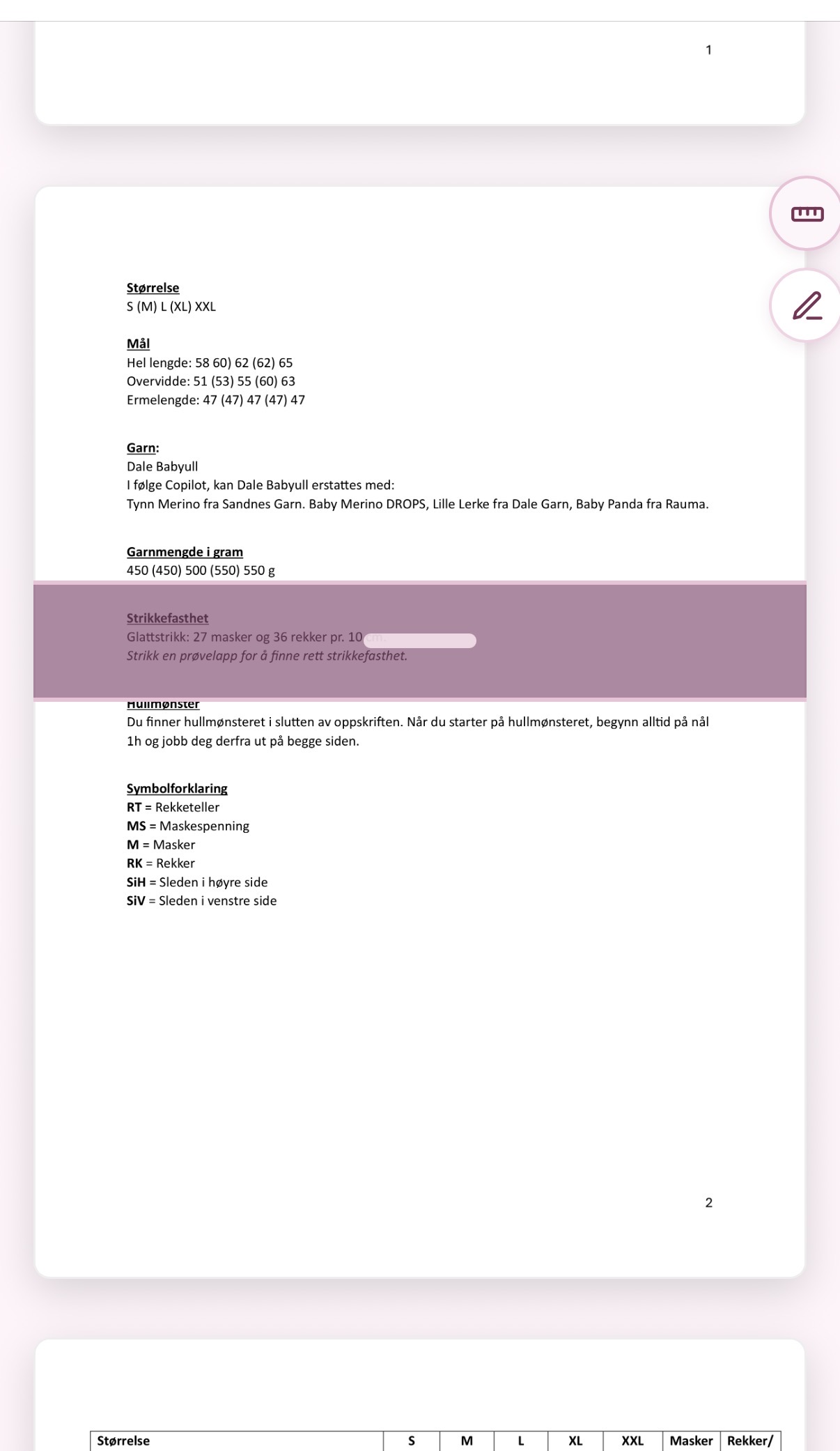 En oppskrift med strikkelinjalen over strikkefastheten