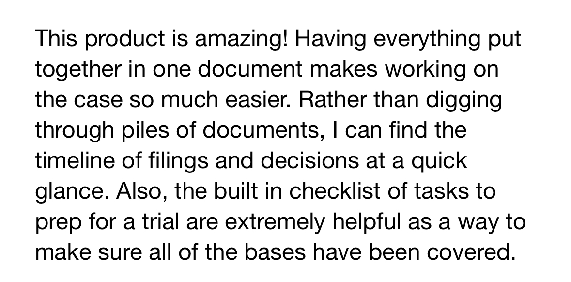 Message saying having everything in one document makes working on the case easier
