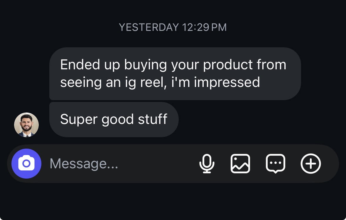 Direct message from a buyer who found the product through an Instagram reel