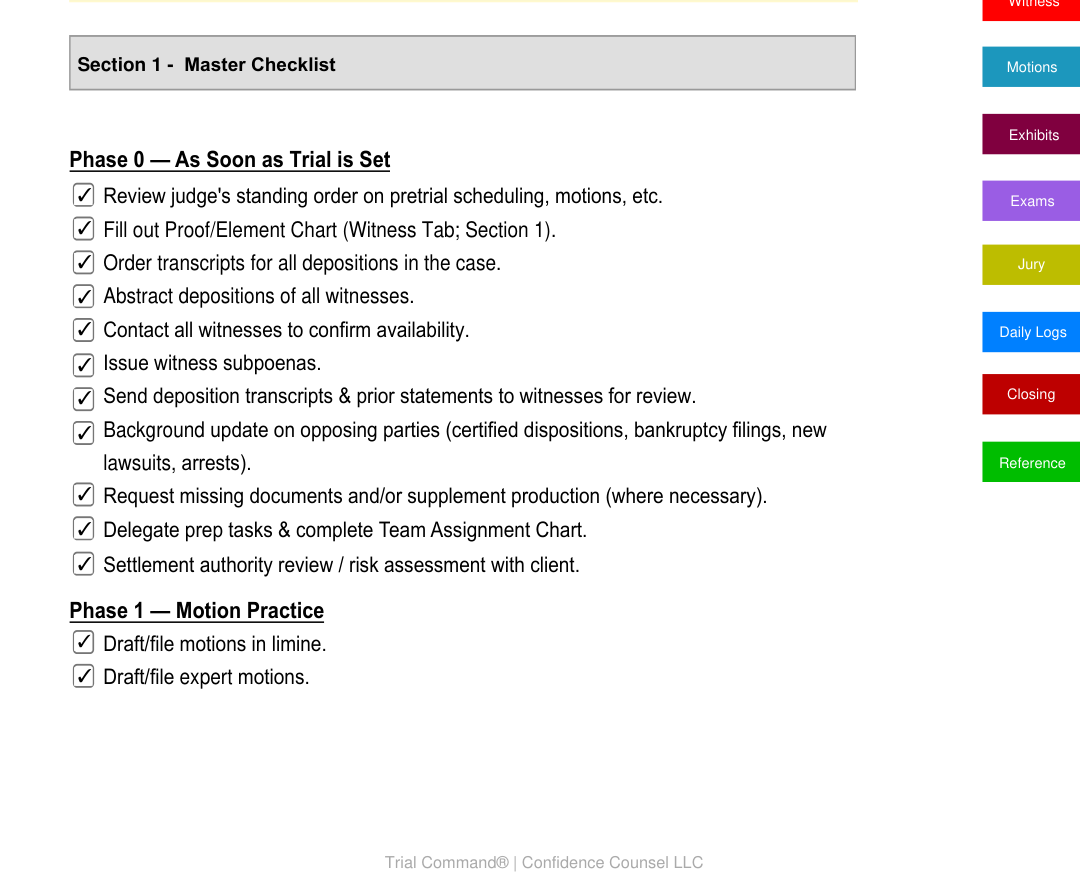 Sample page from Trial Command®, filled in with a fictional case: Master Checklist