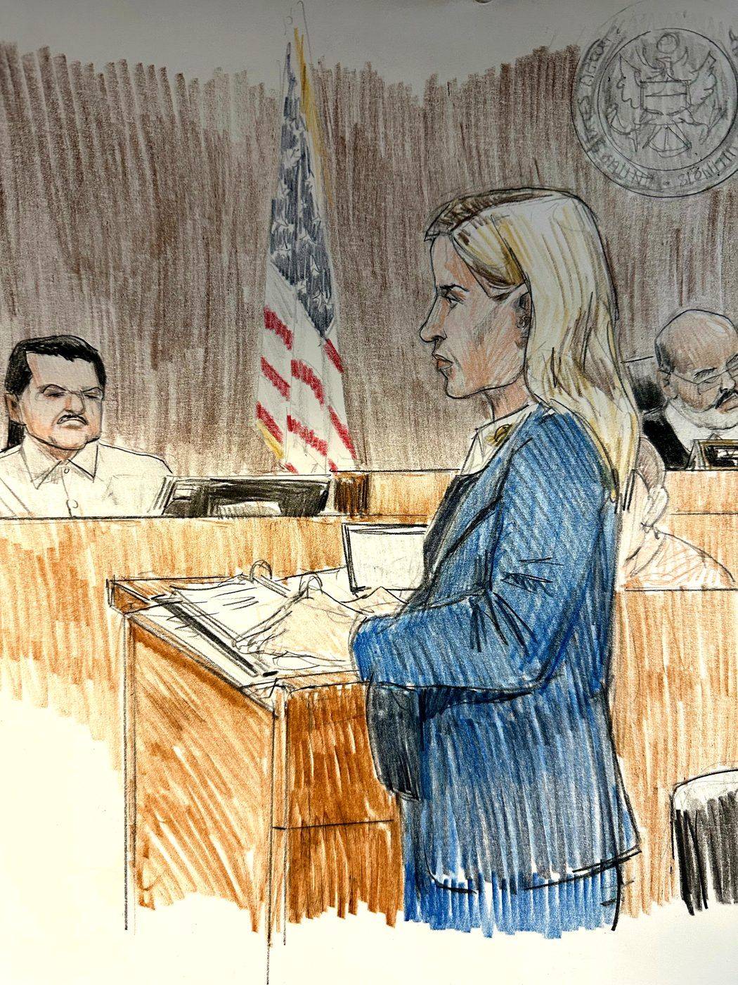 Sketch of Monica Burkoth delivering closing argument