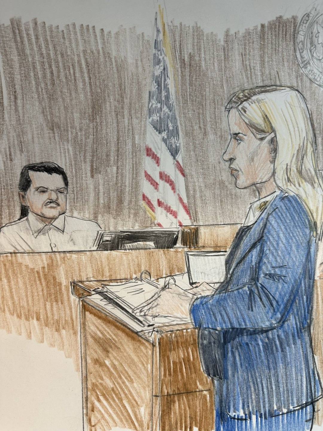 Sketch of Monica Burkoth delivering closing argument