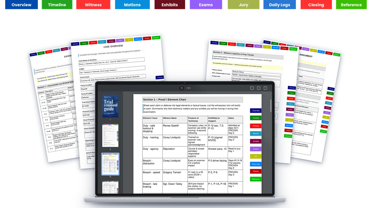 Trial Command® interactive trial notebook shown on a laptop with filled-in pages, with a tab for every phase of trial
