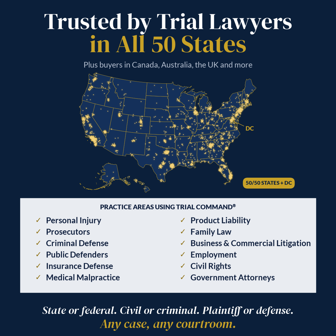 Map of Trial Command® buyers across all 50 states, with practice areas including personal injury, prosecutors, criminal defense, public defenders, and insurance defense.