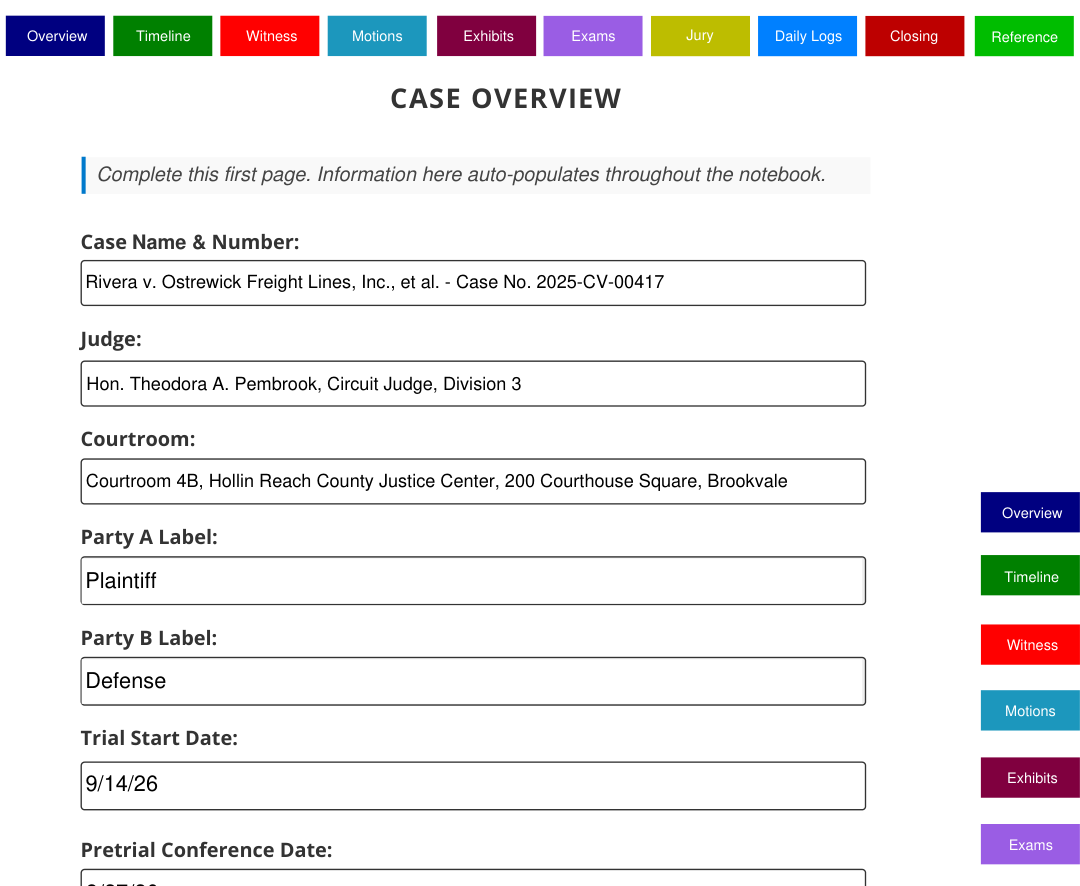 Sample page from Trial Command®, filled in with a fictional case: Case Overview
