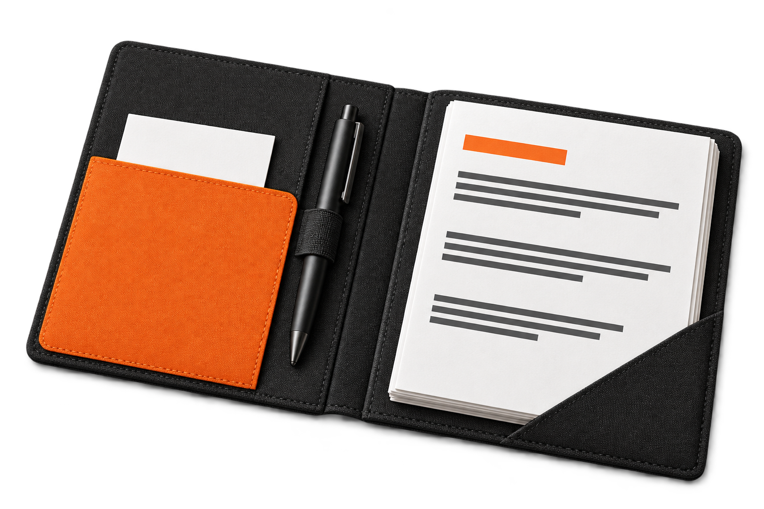 Open black folio with an orange pocket, planning notes and a pen