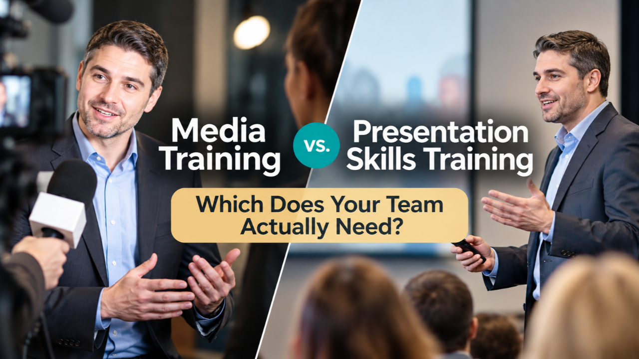 Speakeasy demonstrating the difference between media training and presentation skills training for business leaders and professional teams.