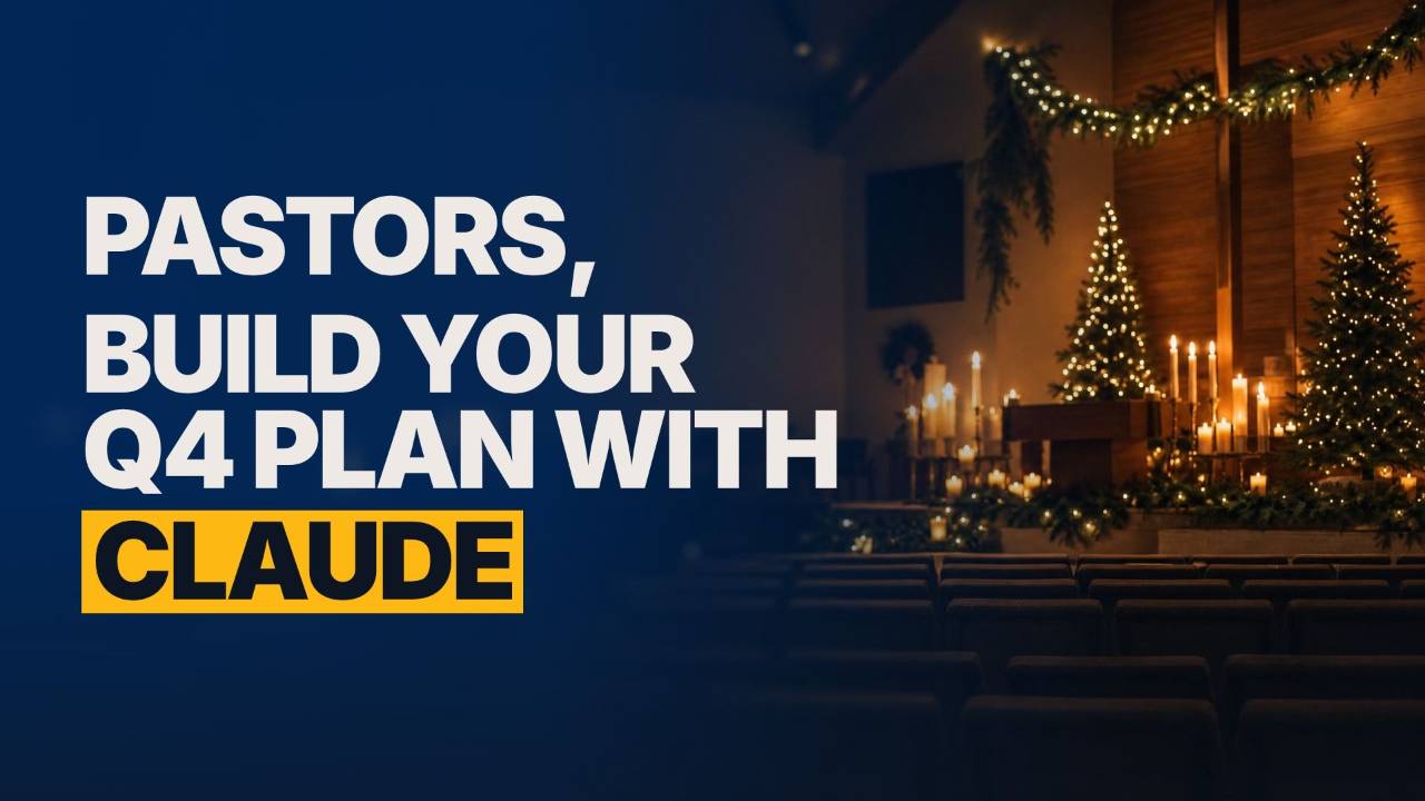 Pastors, build your Q4 plan with Claude, over a church sanctuary set for Christmas Eve.