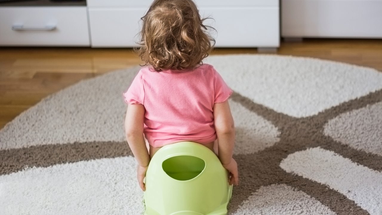 toddler sat on a potty with their back to us