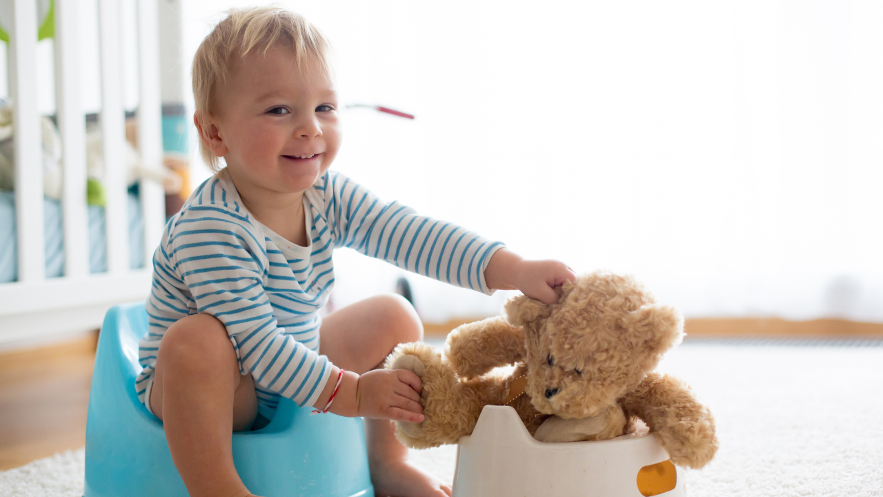 1 year old toddler sat on the potty next to their teddy on the potty