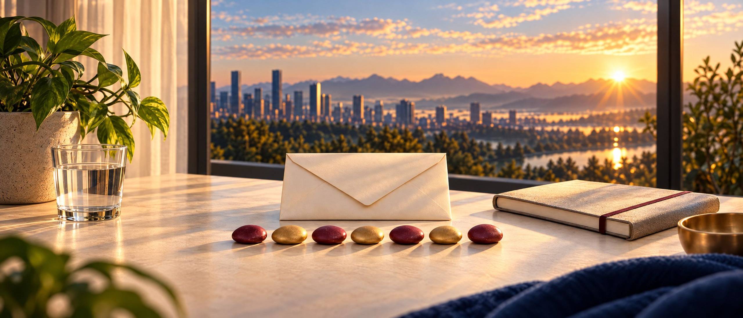 A notebook, envelope, and seven stones in a sunlit room