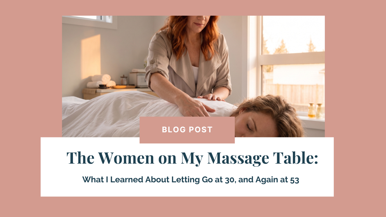 A woman letting go on a massage table while a therapist rests her hands on her back, calm and at peace. Letting go, adrenal fatigue, and the nervous system settling.