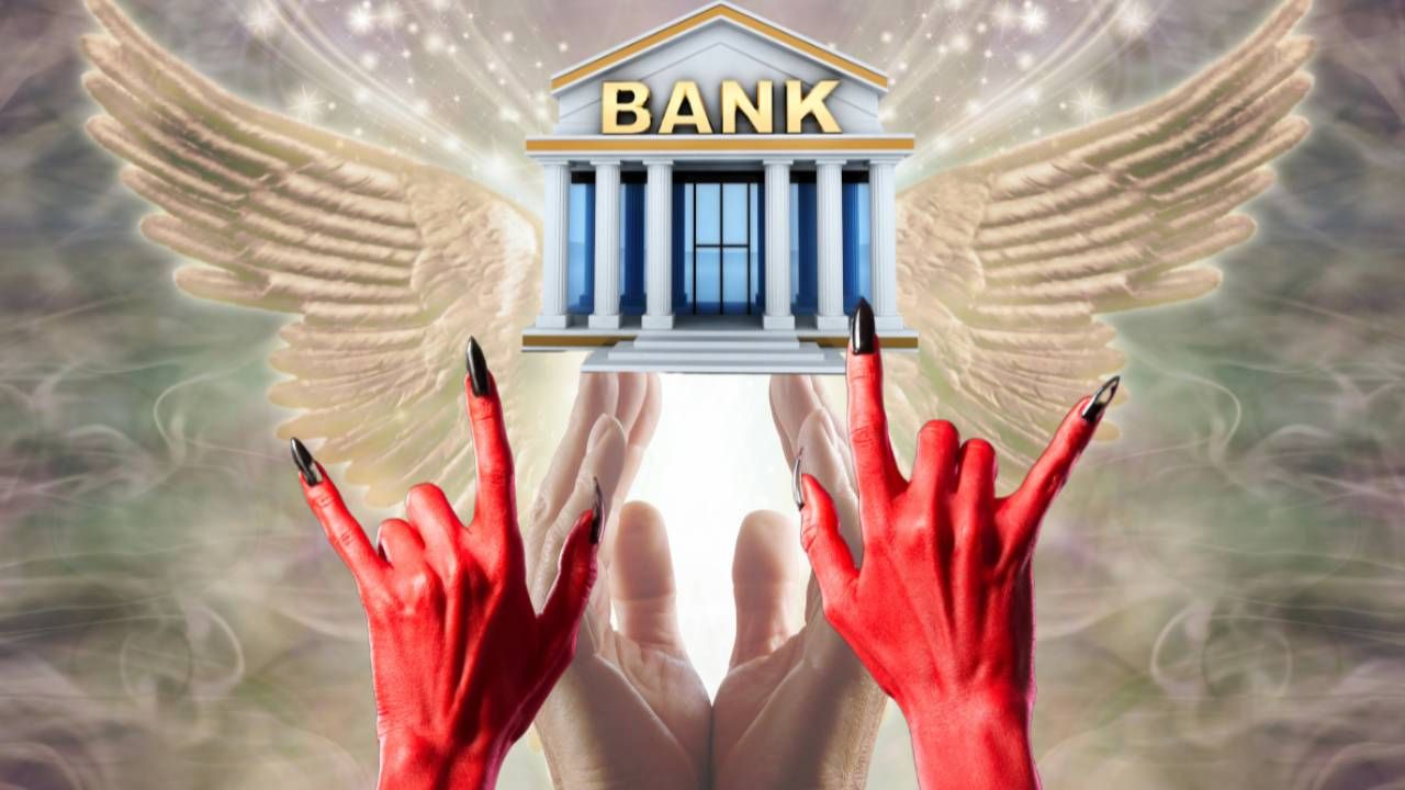 Devil hands and angel wings surrounding a bank building — are banks good or evil? Brenda St. Louis on the truth about banking
