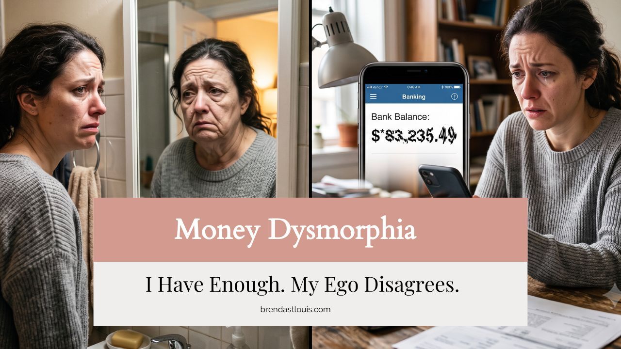 Woman looking distressed at her mirror reflection and at a bank balance on her phone, illustrating money dysmorphia.