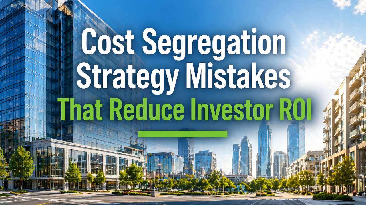 Institutional real estate property with green financial overlay representing cost segregation strategy mistakes that reduce investor ROI
