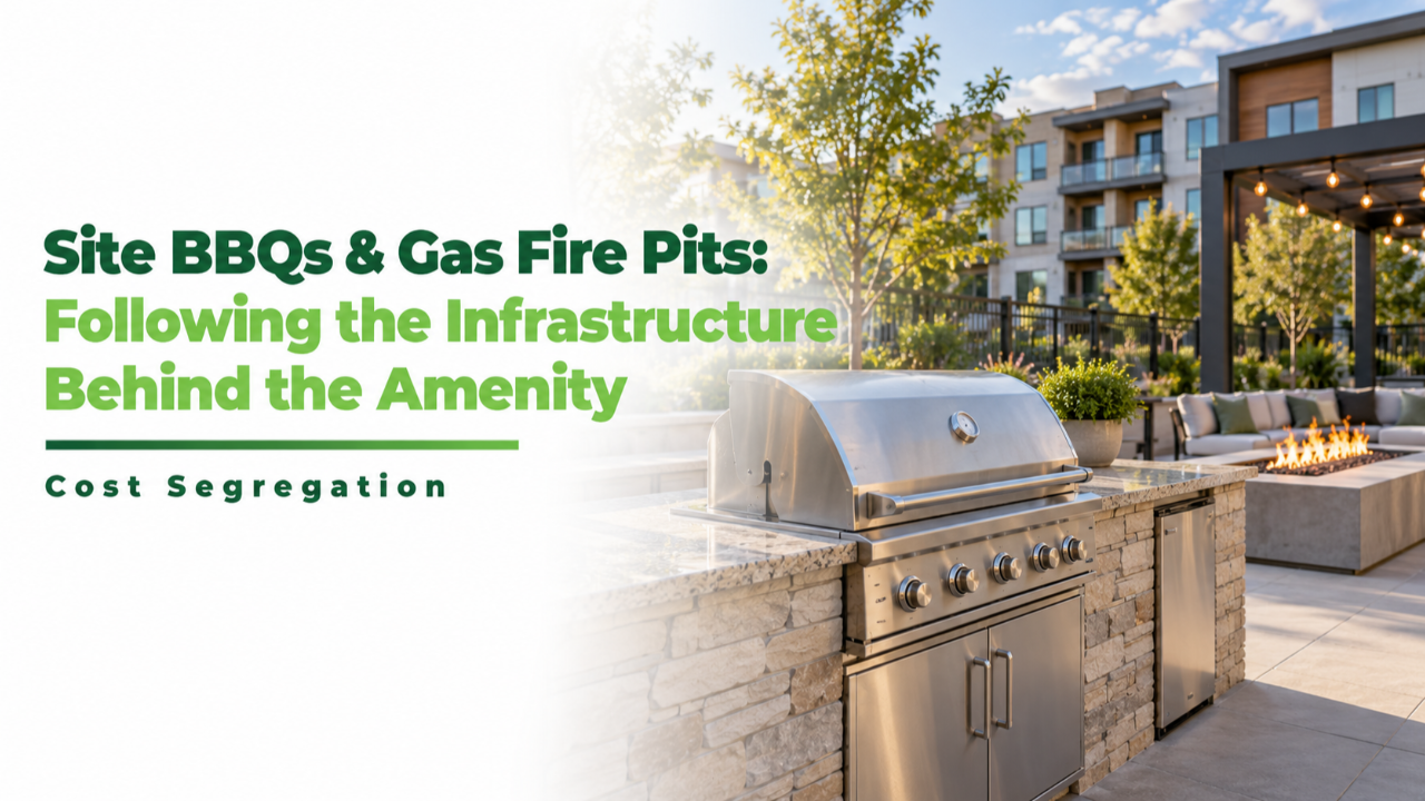 Site BBQ and gas fire pit infrastructure showing utility connections serving outdoor amenity equipment.