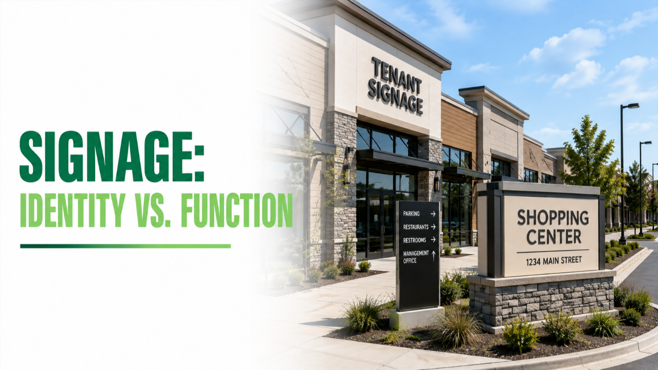 Commercial signage showing tenant identity, wayfinding, building signs, and monument sign components evaluated by function