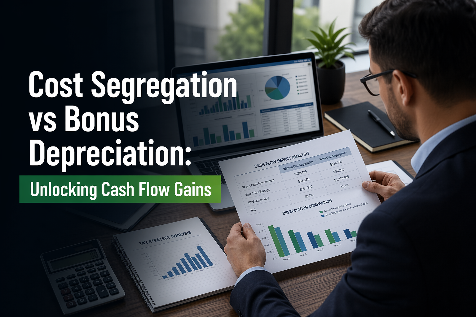 Real estate investor reviewing financial reports to maximize cash flow using depreciation strategies