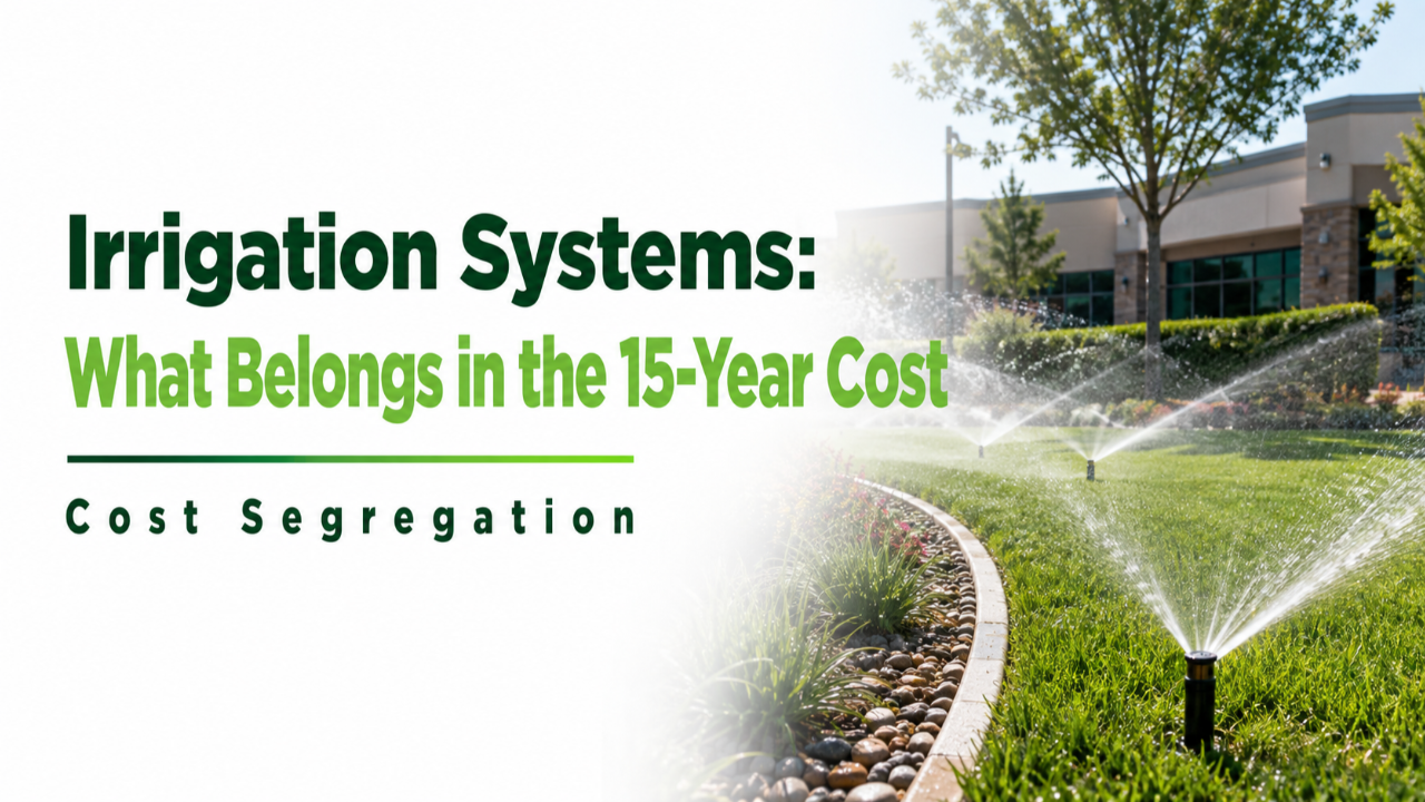 Commercial landscape irrigation system showing sprinkler heads, underground piping, and site-level control components