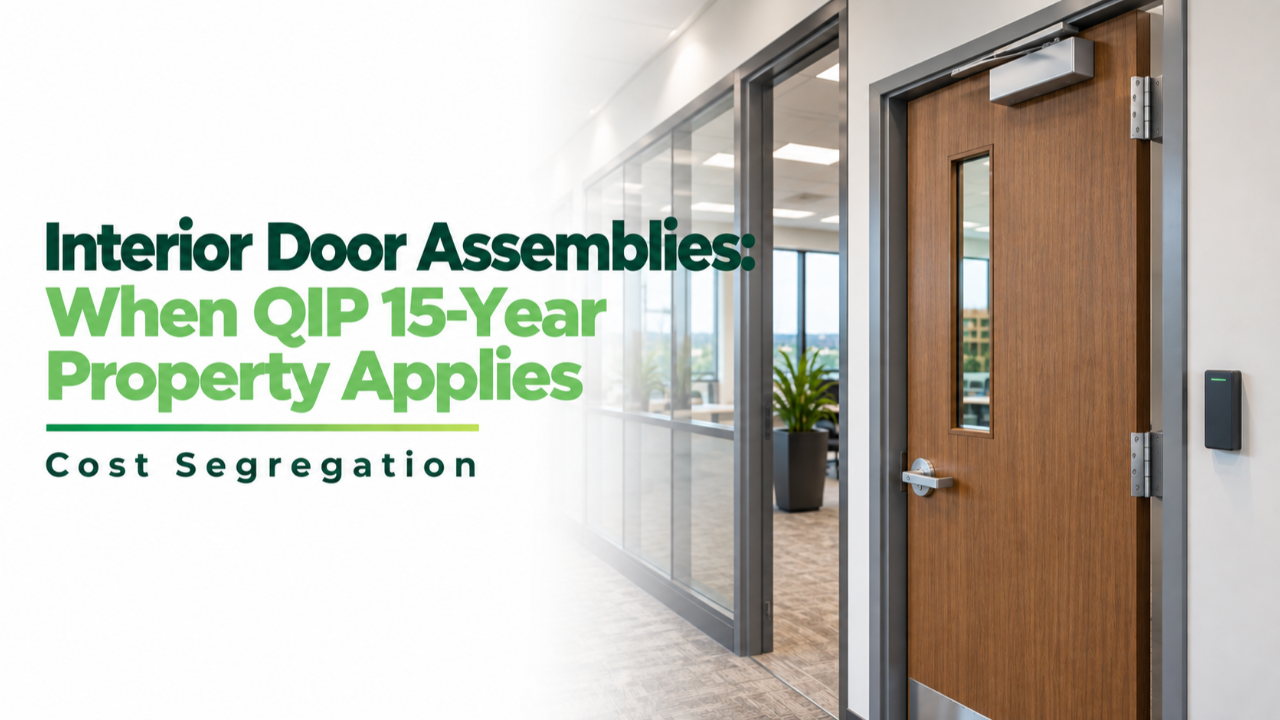 Interior door assemblies in a commercial building illustrating the engineering analysis for QIP 15-year property.