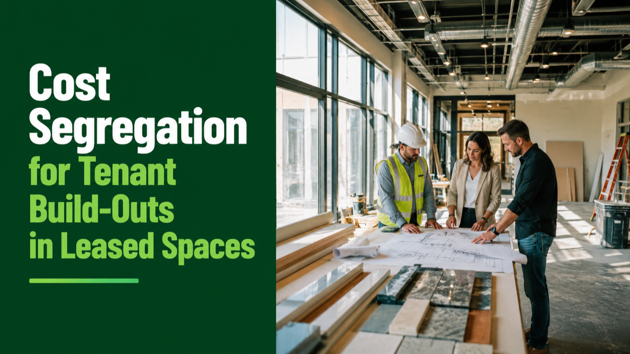Commercial tenant build-out with contractors reviewing plans inside a leased space for cost segregation planning