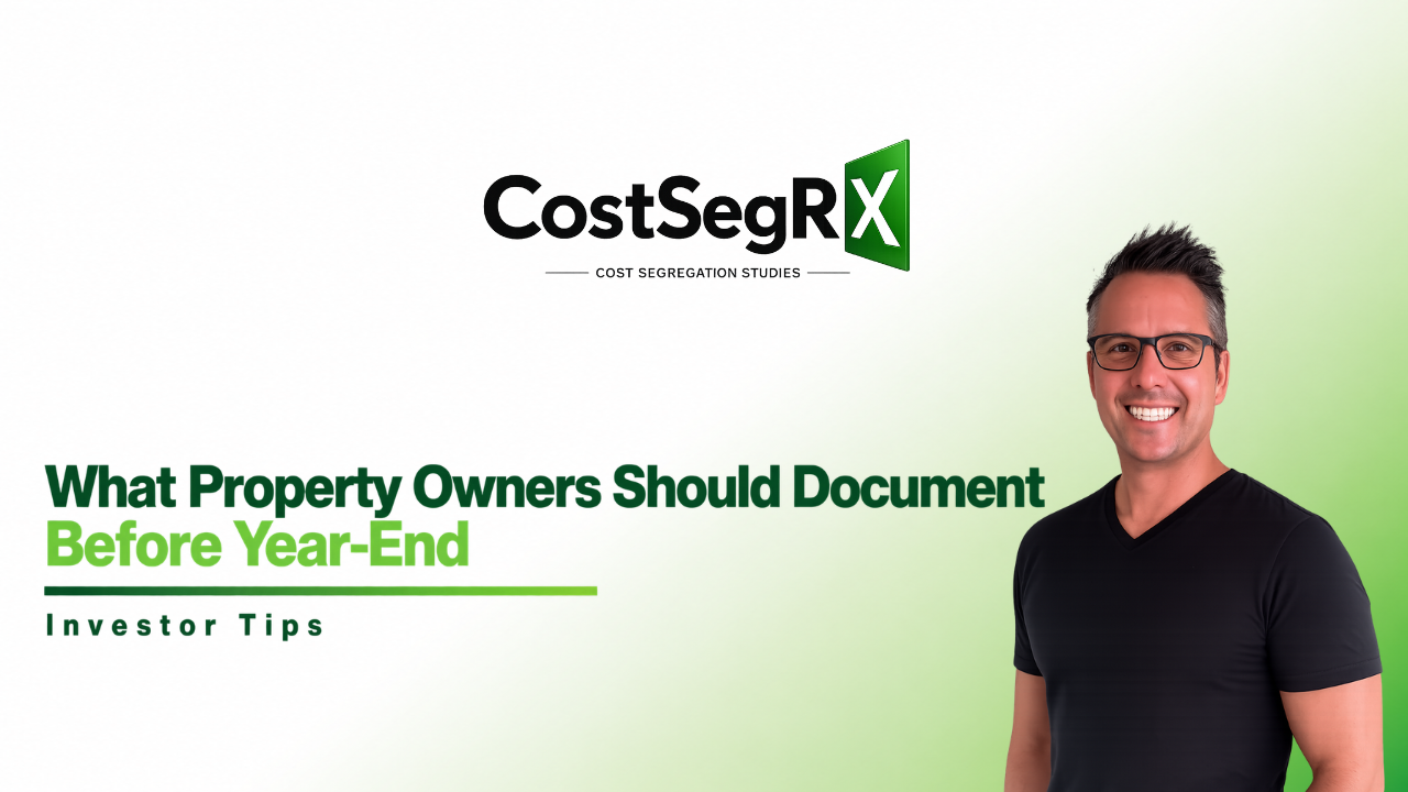 Commercial property owner organizing project documentation and improvement records before year-end