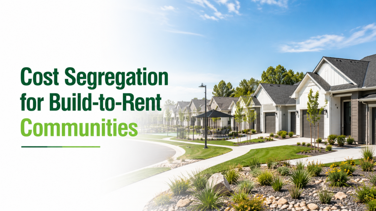 Modern build-to-rent community with detached rental homes, roads, sidewalks, amenities, and shared infrastructure illustrating engineering-based cost segregation.