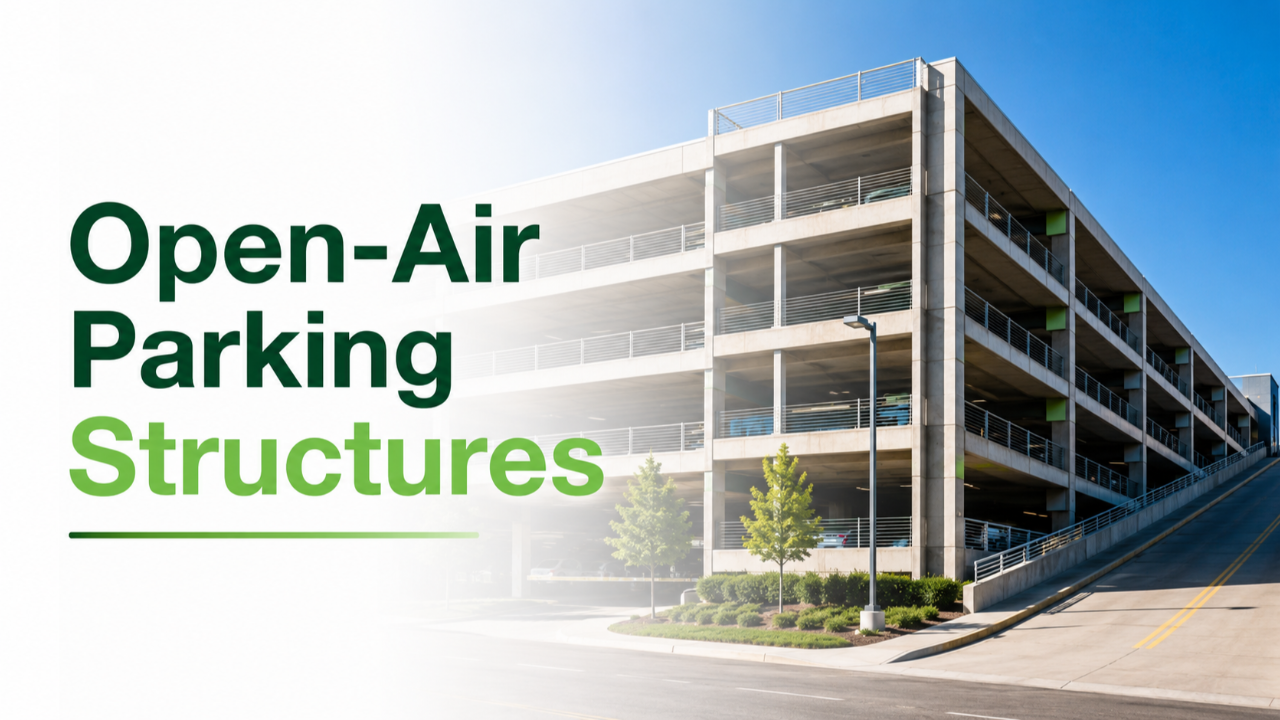 Multi-level open-air parking structure illustrating the engineering differences between parking garages and surface parking lots.