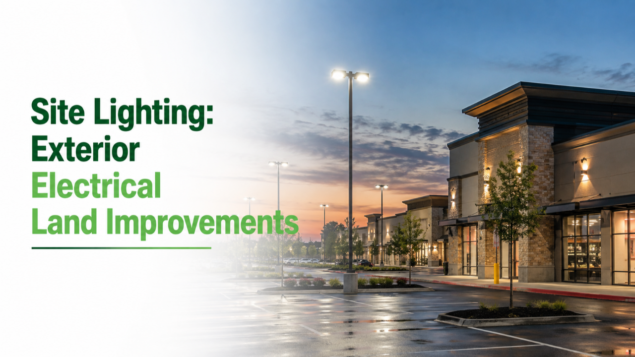 Commercial property site lighting showing freestanding parking lot poles and building-mounted exterior fixtures