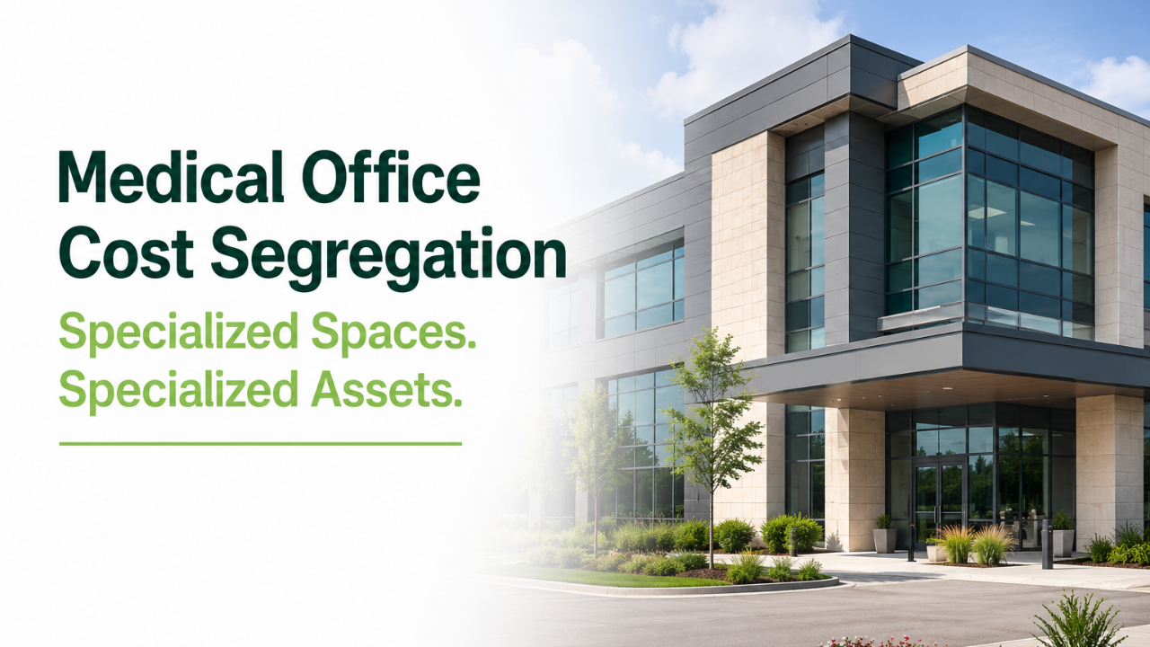 Modern medical office building with editorial title layout for specialized spaces and specialized assets