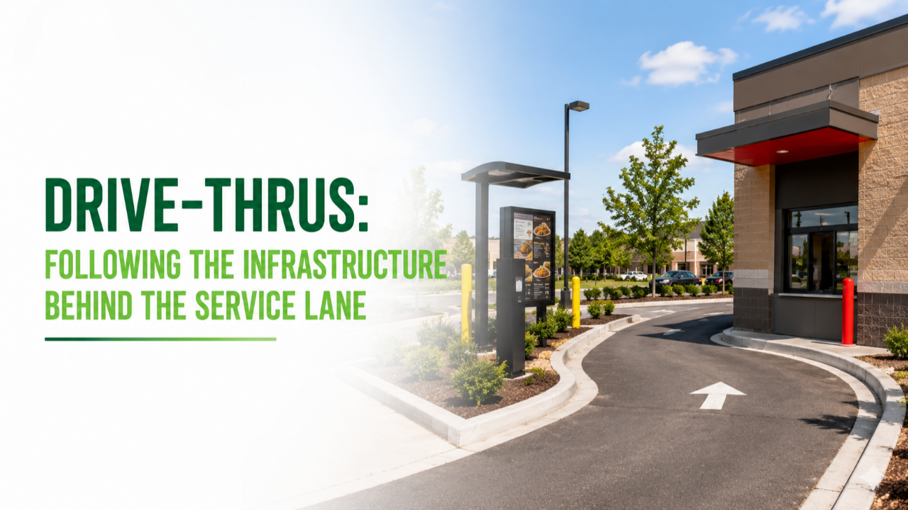Drive-thru service lane with order equipment, pavement, signage, electrical infrastructure, and service window