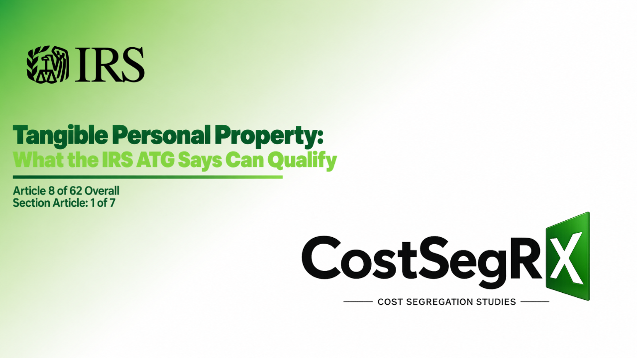 CostSegRx engineer evaluating installed commercial assets for tangible personal property classification under the IRS ATG