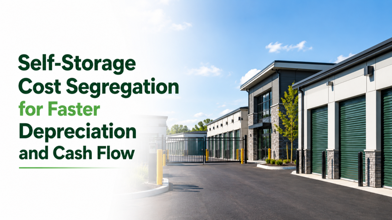 Self-storage facility with gates, paving, and rental units for cost segregation tax planning