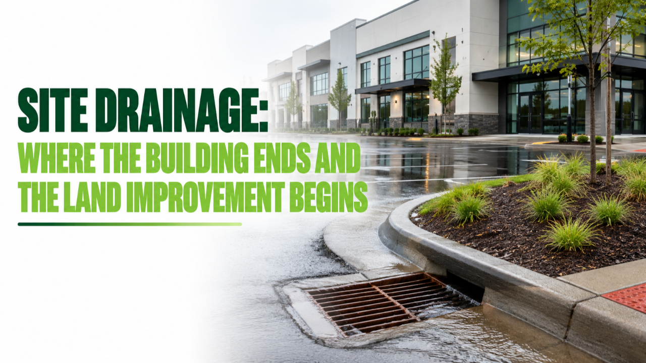 Commercial site drainage showing stormwater collection, underground piping, parking areas, and building drainage systems