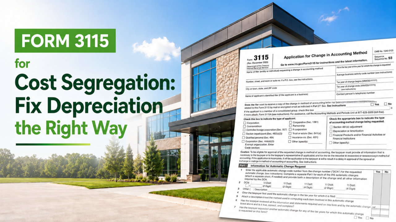 Real estate investor reviewing depreciation schedules and Form 3115 cost segregation documentation