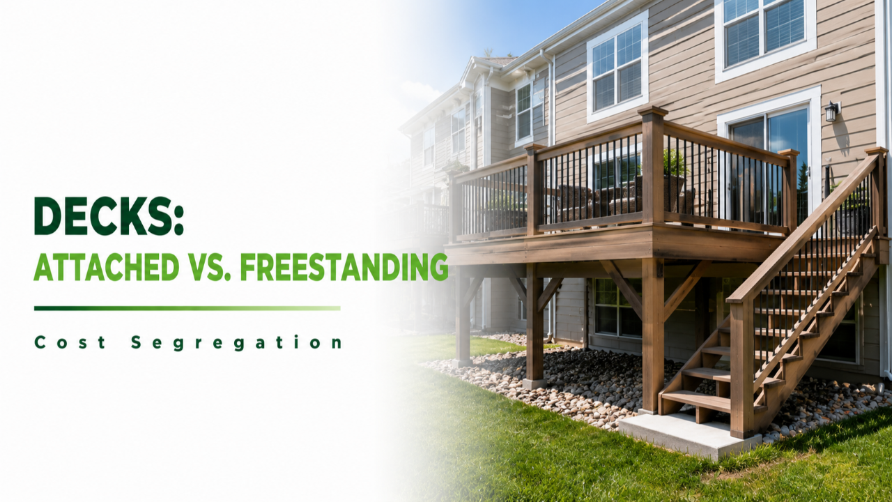 Attached and freestanding residential decks illustrating building versus land improvement classification