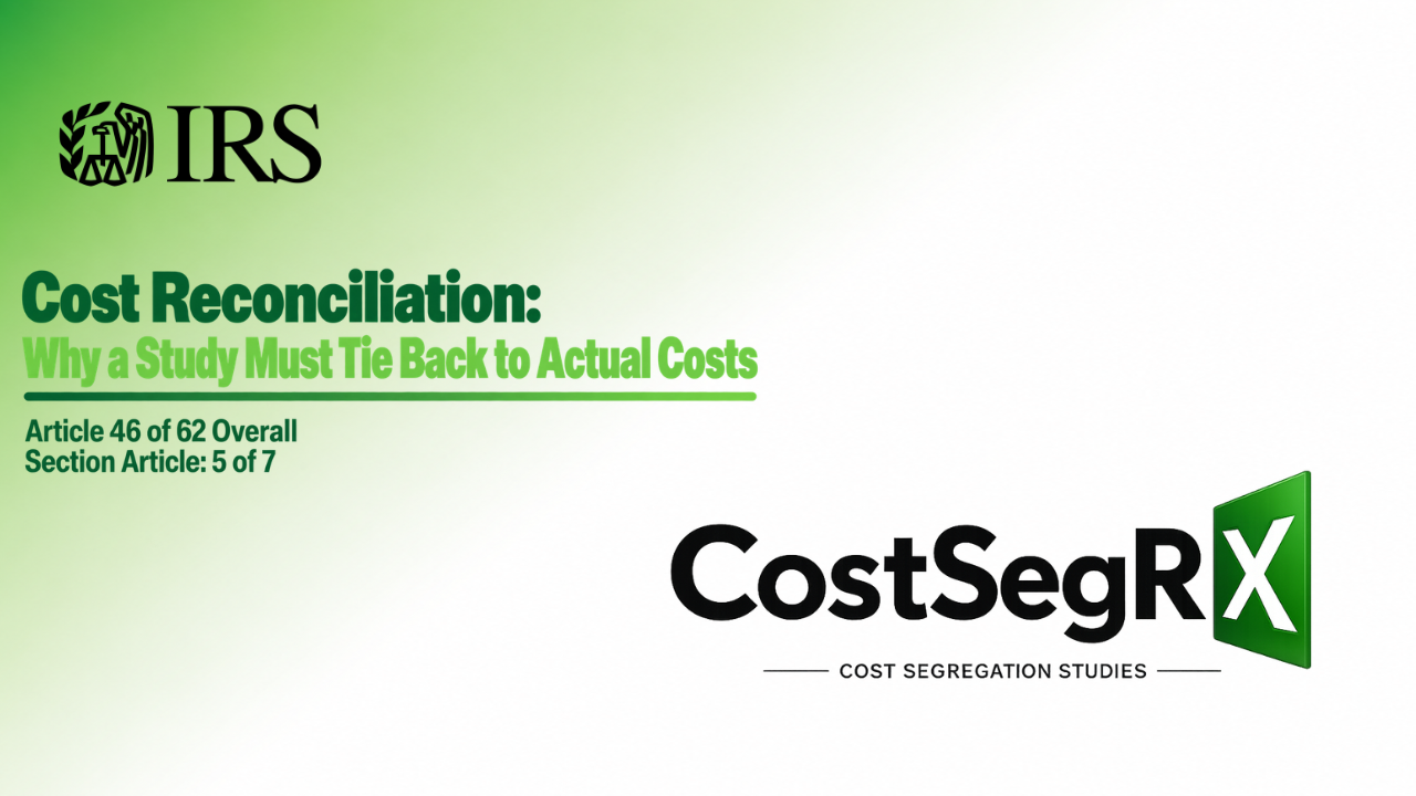 CostSegRx engineer reviewing cost allocation and reconciliation records for a commercial property