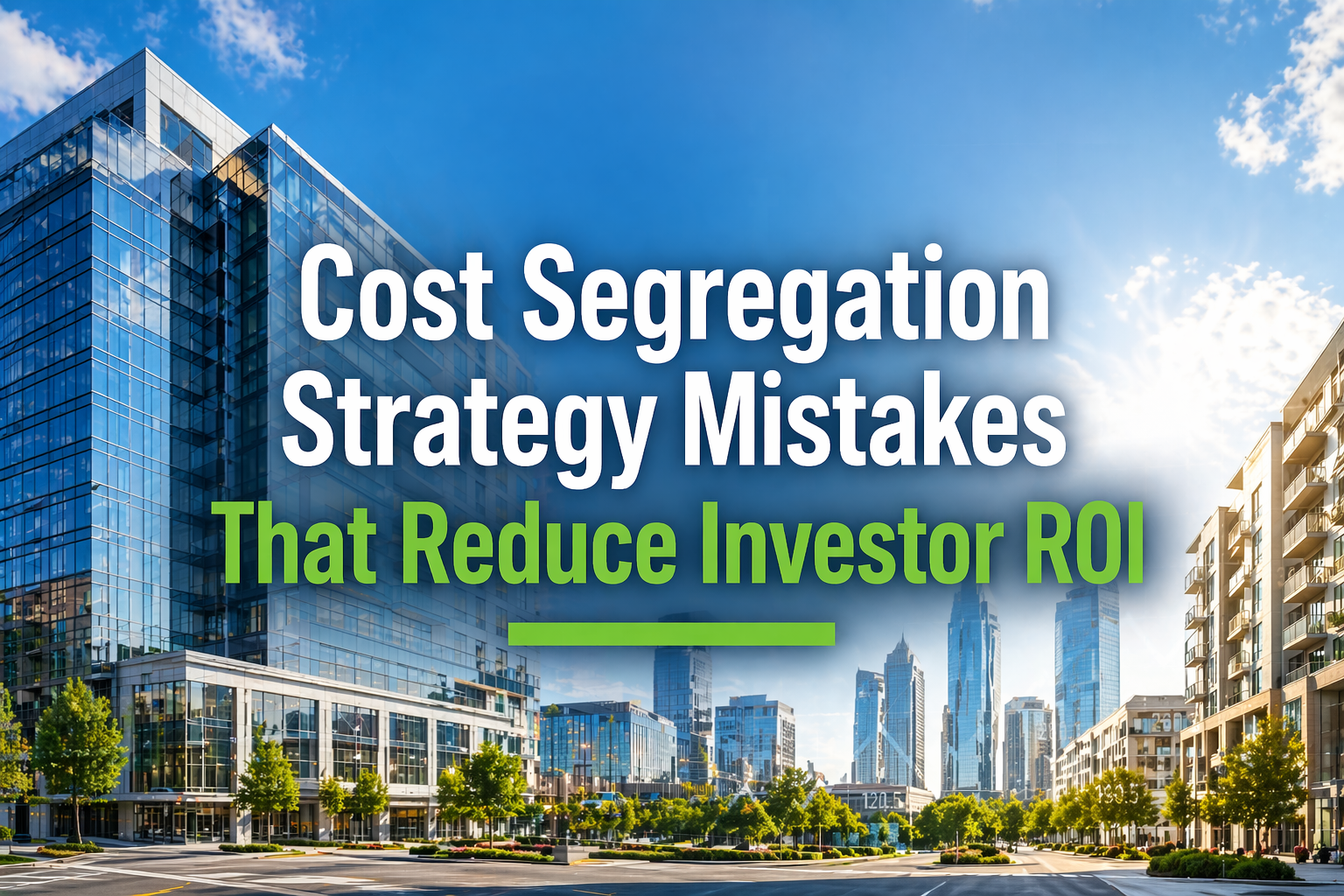 Institutional real estate property with green financial overlay representing cost segregation strategy mistakes that reduce investor ROI