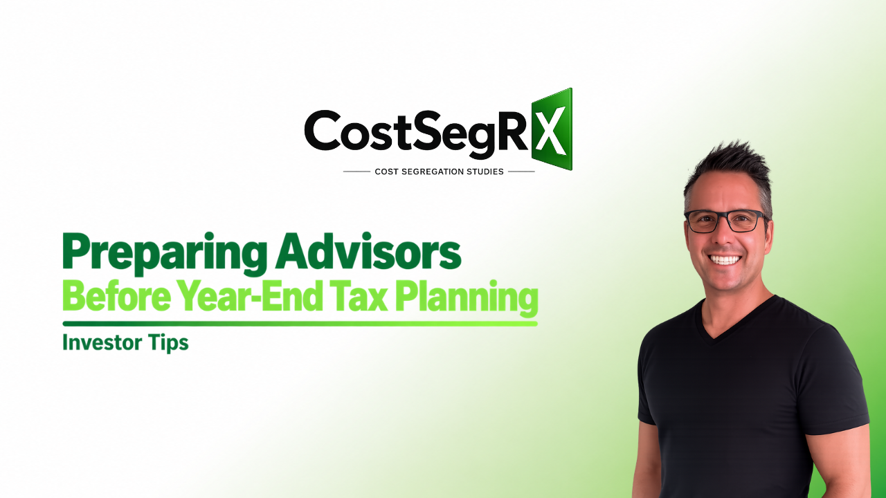 Investor preparing property records and project information for year-end tax planning with advisors