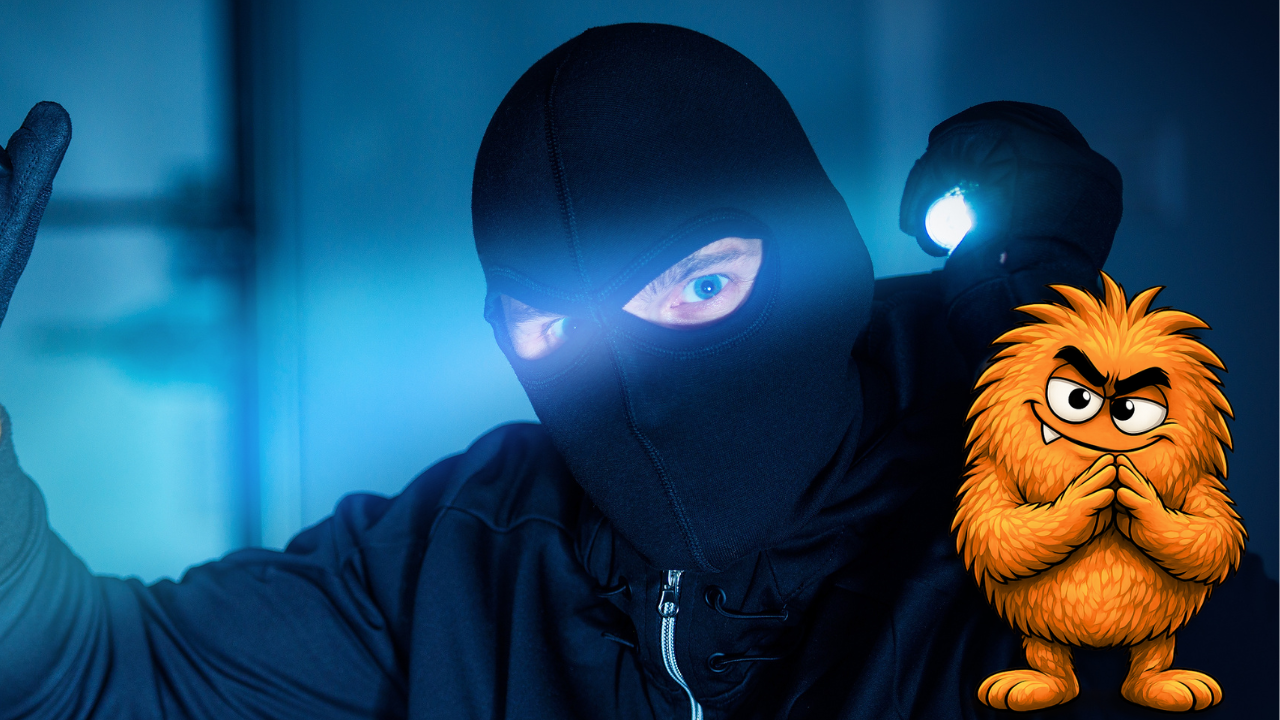 Masked robber entering a business while NOT, the Restaurant Safety Killer™ representing No Ongoing Training, watches nearby, illustrating why restaurant employees need ongoing robbery prevention and response training.