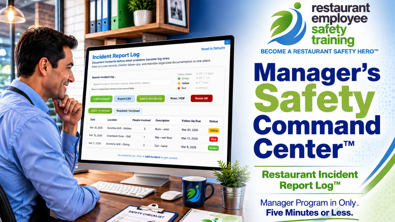 Restaurant Incident Report Log for documenting employee accidents, workplace incidents, near misses, follow-up dates, and corrective actions