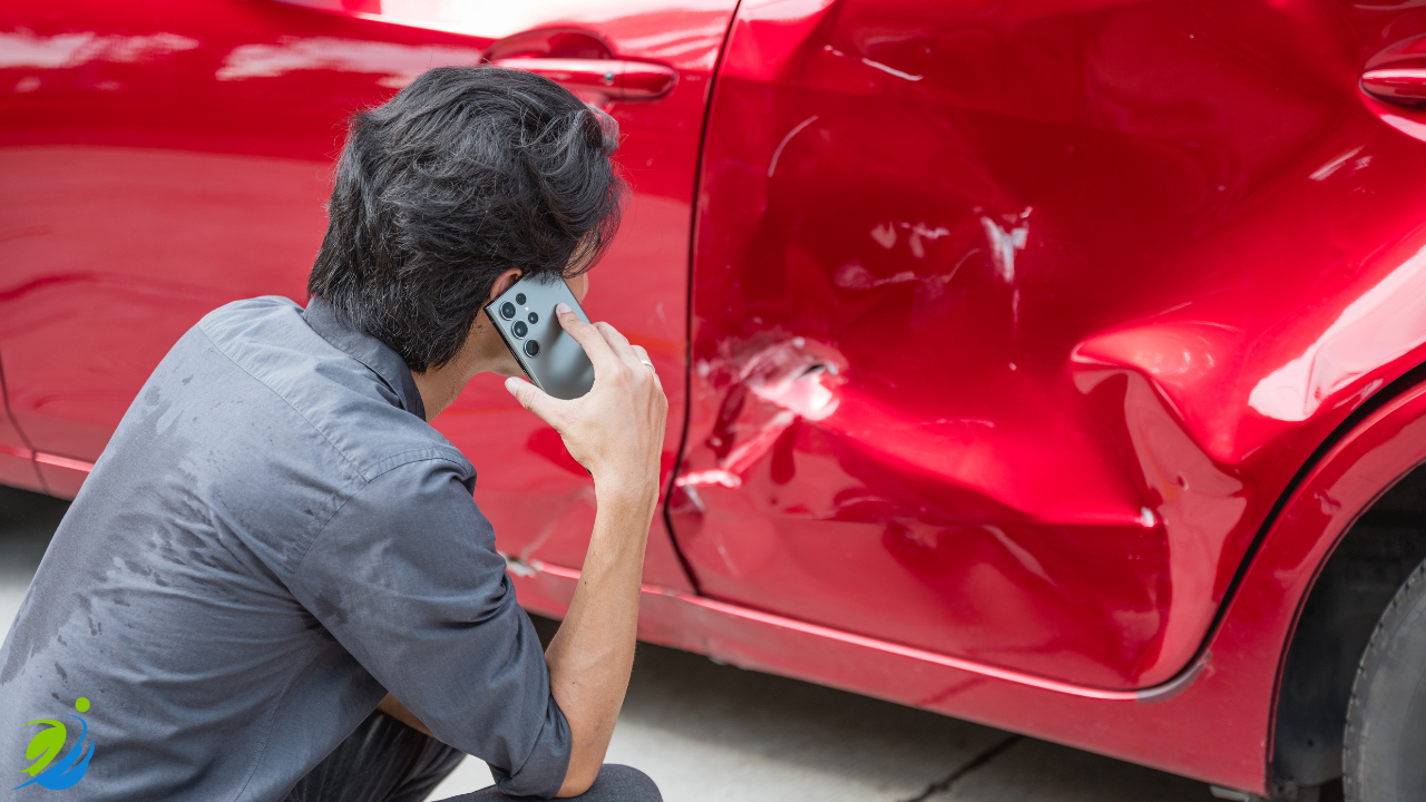 Person examining damage on a red car while talking on a phone, representing the stress and consequences of an unexpected incident without proper protection or preparation.
