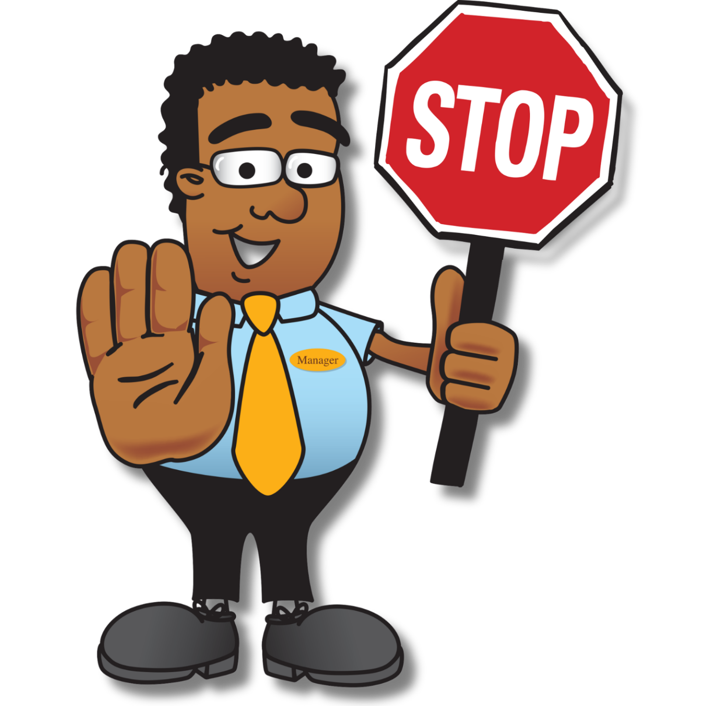 Cartoon restaurant manager superhero wearing a red cape and tie, smiling and pointing forward, representing workplace safety and confidence.