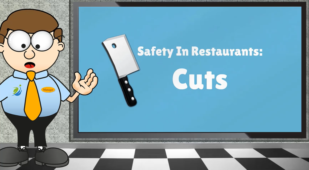 First slide of Prevent Cuts safety training video – cartoon restaurant manager with cleaver icon